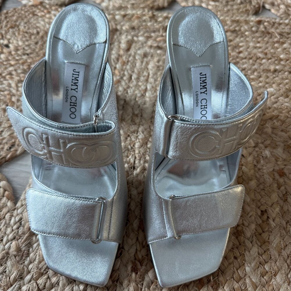 Jimmy Choo Silver Metallic Leather Square Toe Sandals EU 41 US 10 Heel 100mm